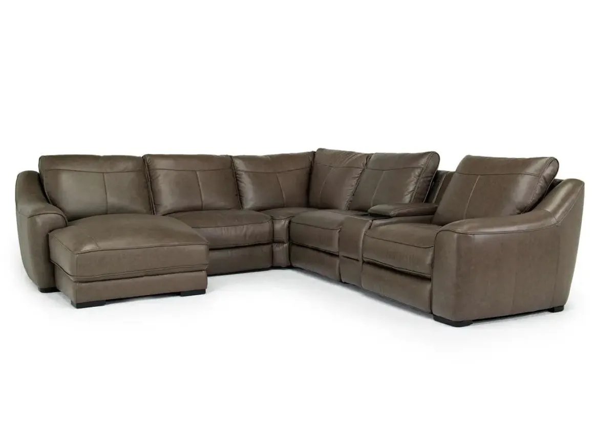 Mayflower 6 Piece 2 Power Chaise Sectional W/ 2 Power Armless Recliner & Audio Console In Seville Umber Leather, Left Facing