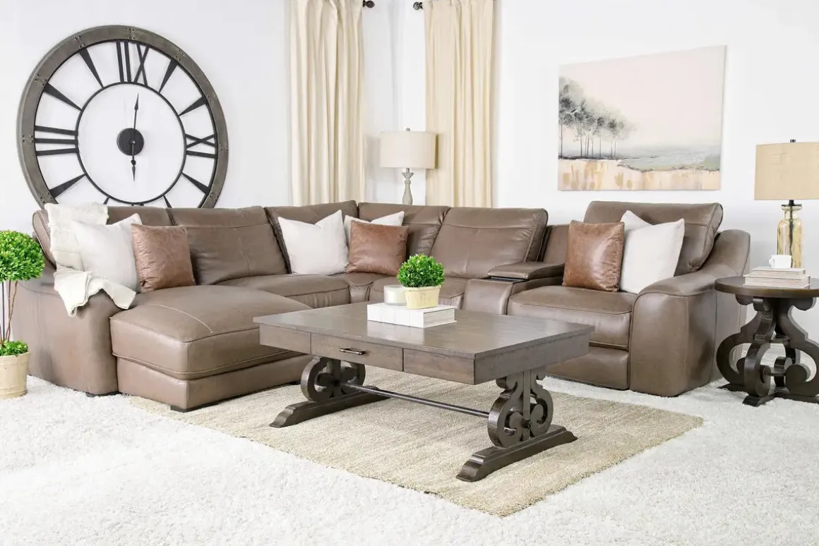 Mayflower 6 Piece 2 Power Chaise Sectional W/ 2 Power Armless Recliner & Audio Console In Seville Umber Leather, Left Facing