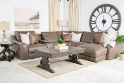 Mayflower 6 Piece 2 Power Chaise Sectional W/ 2 Power Armless Recliner & Audio Console In Seville Umber Leather, Left Facing