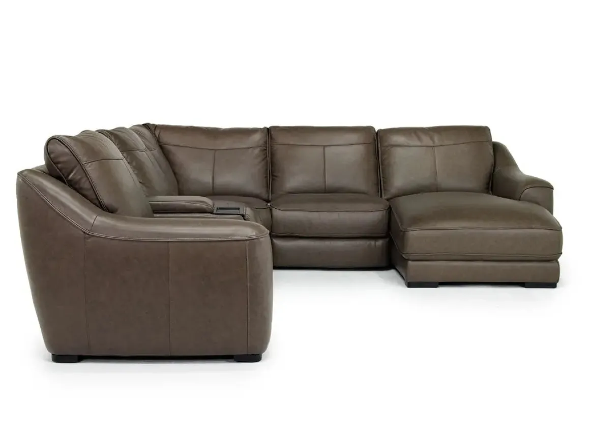 Mayflower 6 Piece 2 Power Chaise Sectional W/ 2 Power Armless Recliner & Audio Console In Seville Umber Leather, Left Facing