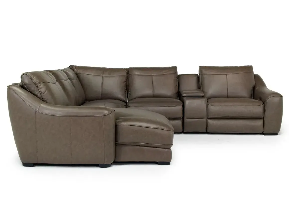 Mayflower 6 Piece 2 Power Chaise Sectional W/ 2 Power Armless Recliner & Audio Console In Seville Umber Leather, Left Facing