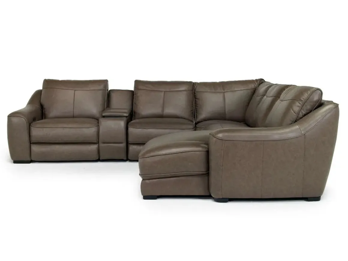 Mayflower 6 Piece 2 Power Chaise Sectional W/ 2 Power Armless Recliner & Audio Console In Seville Umber Leather, Left Facing