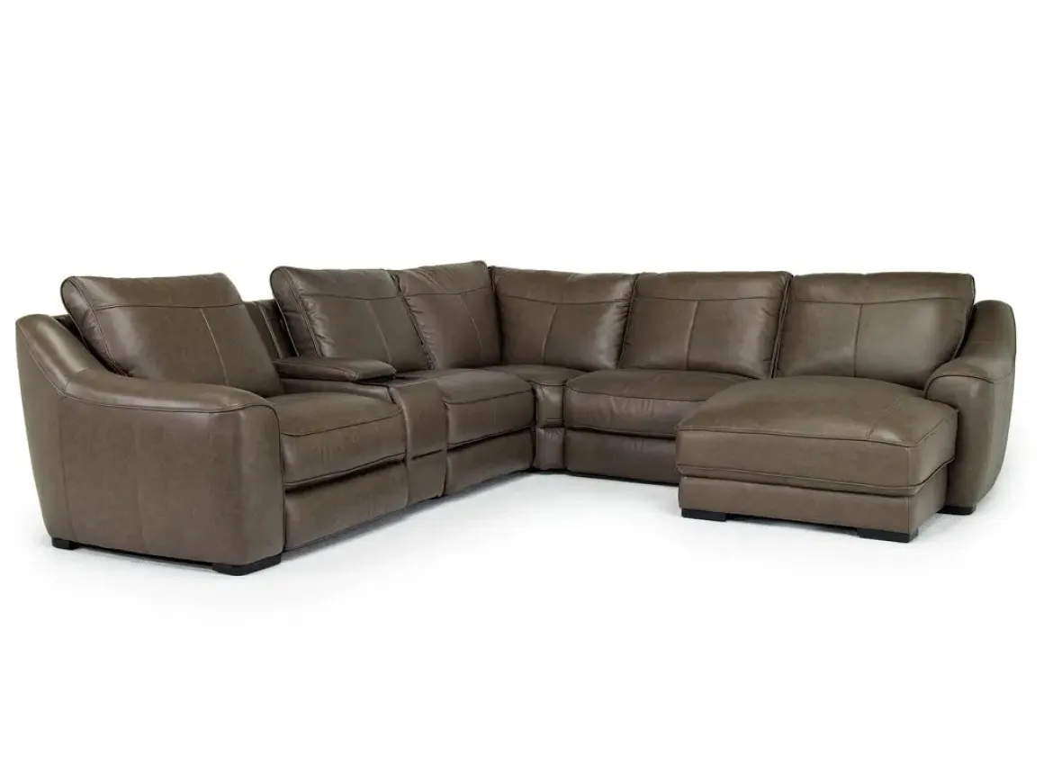 Mayflower 6 Piece 2 Power Chaise Sectional W/ Audio Console In Seville Umber Leather, Left Facing