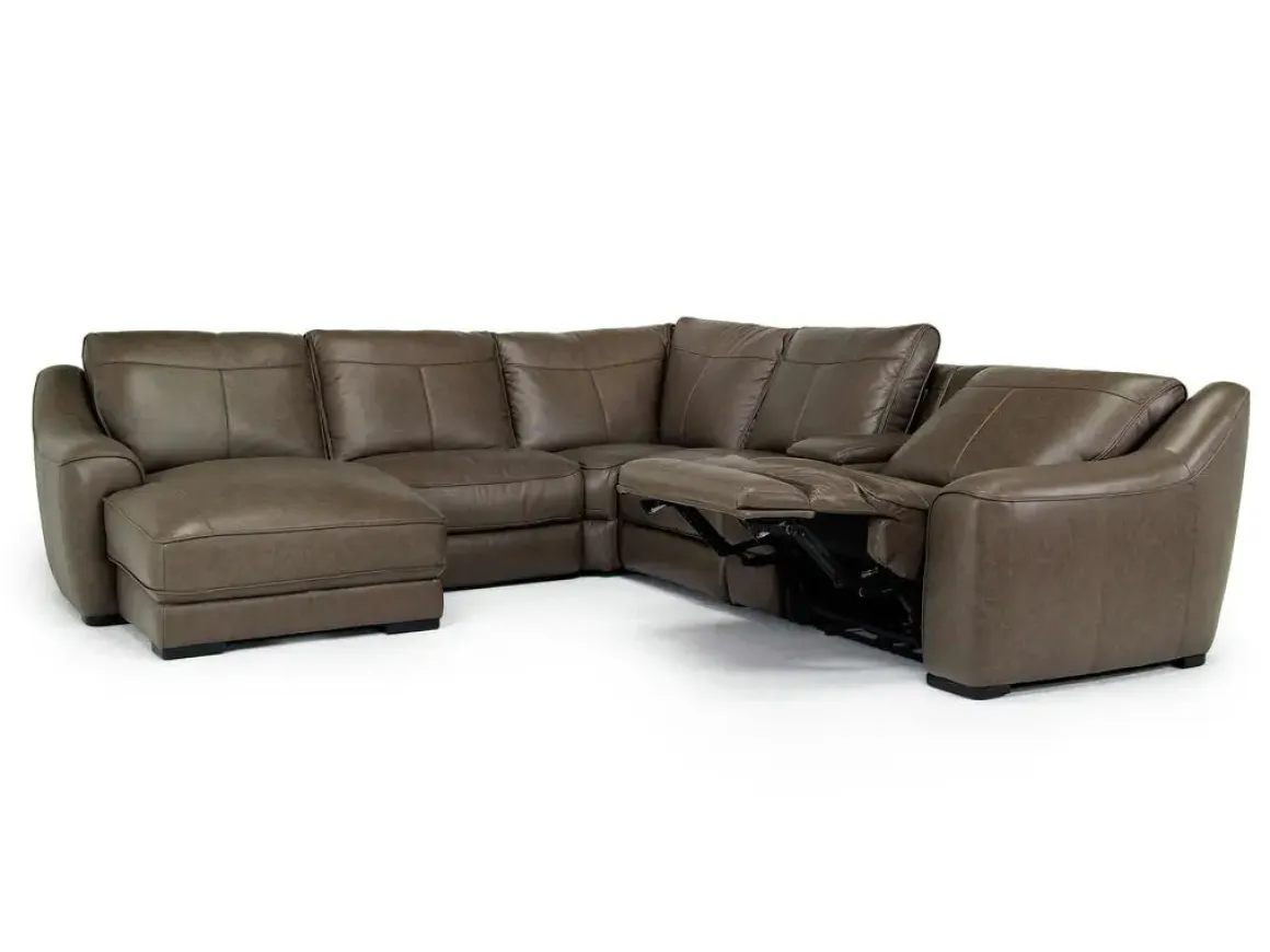 Mayflower 6 Piece 2 Power Chaise Sectional W/ Audio Console In Seville Umber Leather, Left Facing