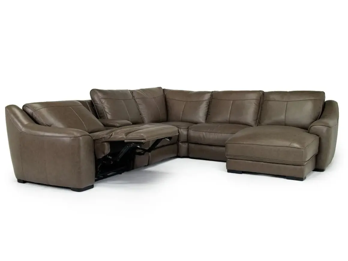 Mayflower 6 Piece 2 Power Chaise Sectional W/ Audio Console In Seville Umber Leather, Left Facing