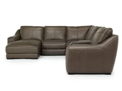 Mayflower 6 Piece 2 Power Chaise Sectional W/ Audio Console In Seville Umber Leather, Left Facing