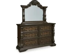 Maylee Upholstered Panel Bed, Dresser, Mirror & Nightstand In Dark Brown, Queen