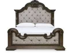 Maylee Upholstered Panel Bed, Dresser, Mirror & Nightstand In Dark Brown, Queen