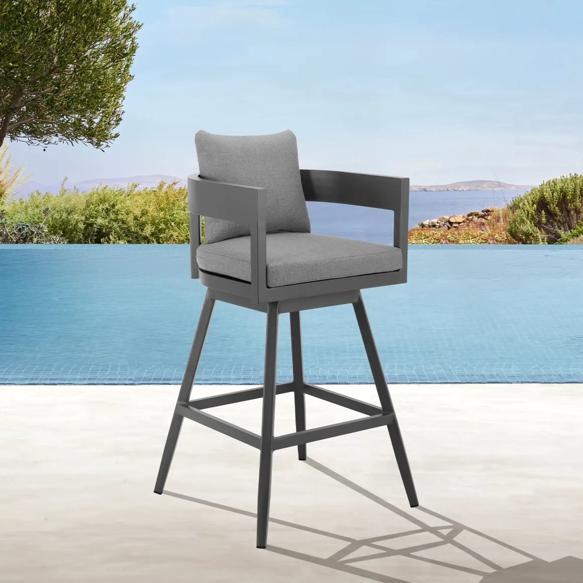Menorca Outdoor Counter Height Swivel Stool In Dark Gray