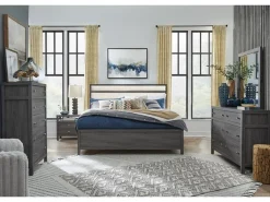 Merrifield Upholstered Bed, Dresser, Mirror & Nightstand In Raisin Black, Twin