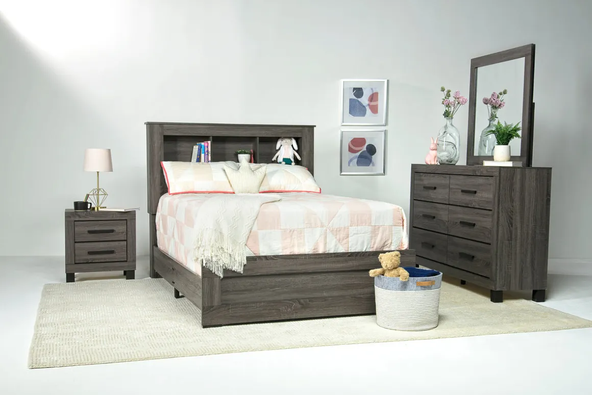 Naialyn Bookcase Bed, Dresser, Mirror & Nightstand In Gray, Full