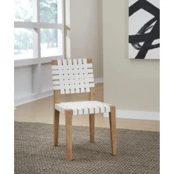 One Side Chair In Bisque, Woven Leather, Set Of 2