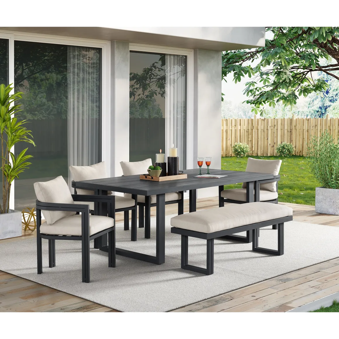 Playa Outdoor Dining Table, 4 Chairs & Bench In Dark Gray
