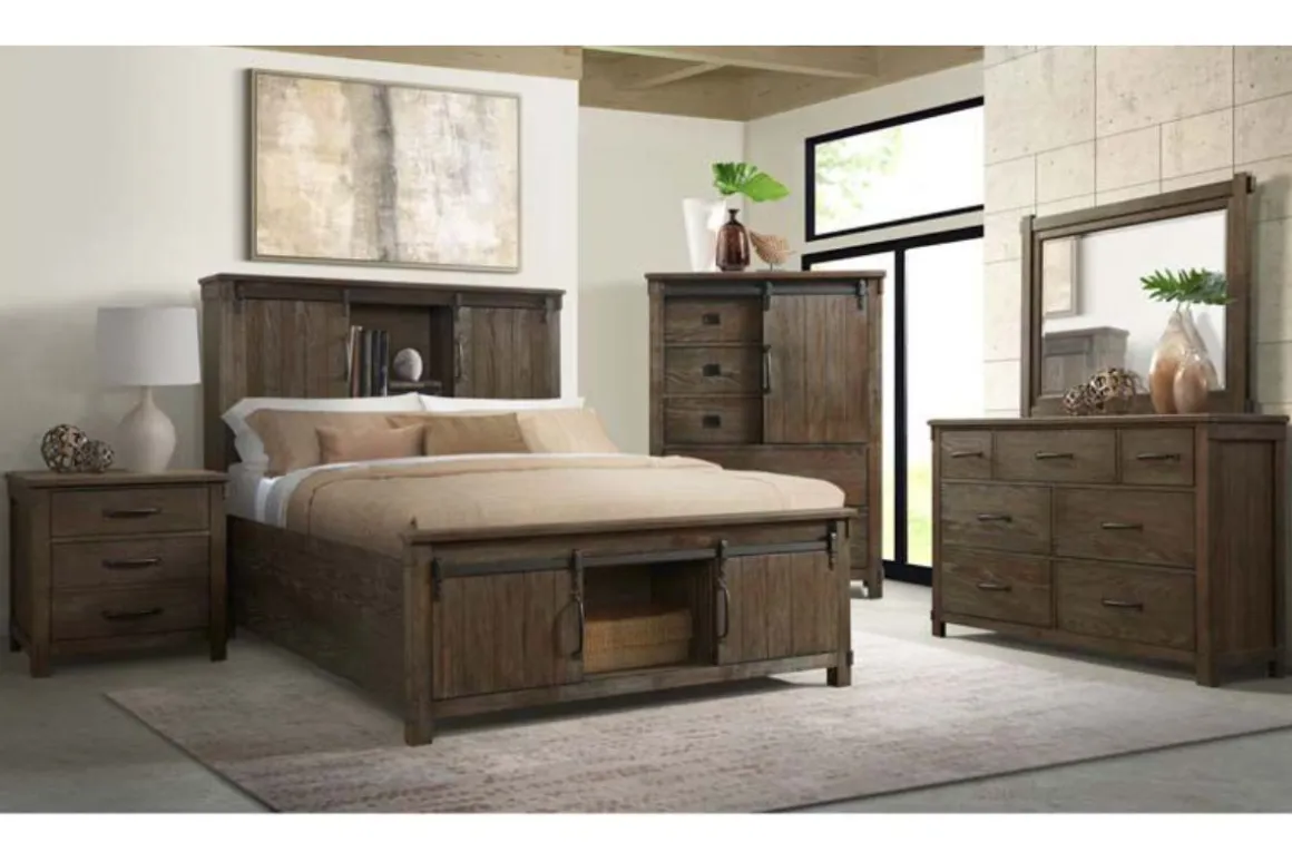 Scott Storage Bed, Dresser, Mirror & Nightstand In Walnut, Queen