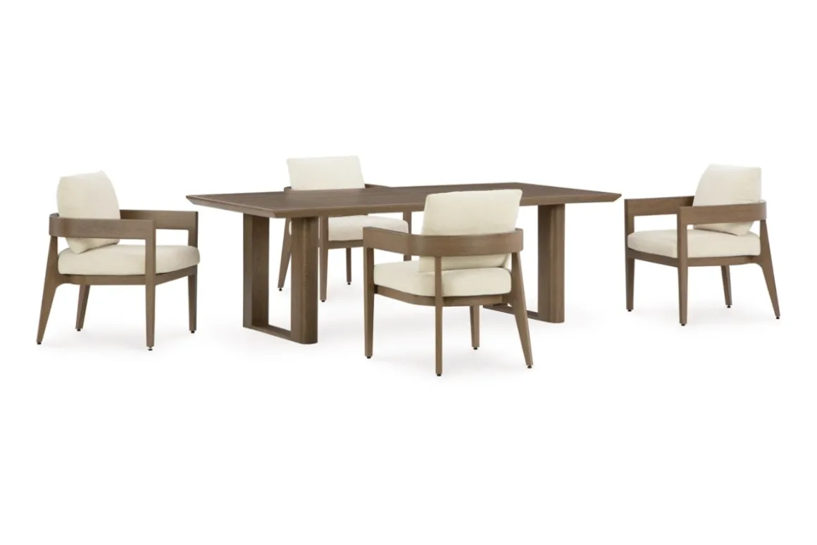 Serene Bay Outdoor Dining Table & 4 Arm Chairs In Dark Brown