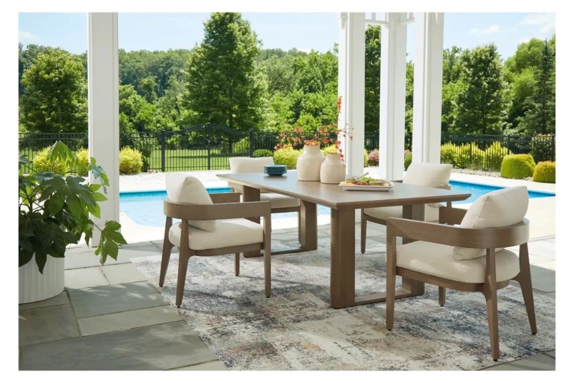 Serene Bay Outdoor Dining Table & 4 Arm Chairs In Dark Brown