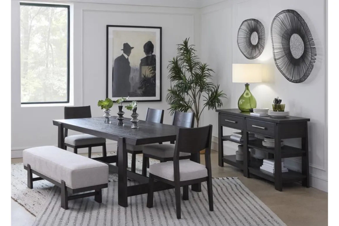 Shelby Trestle Dining Table, 4 Wood Back Chairs & Bench In Coffee Bean