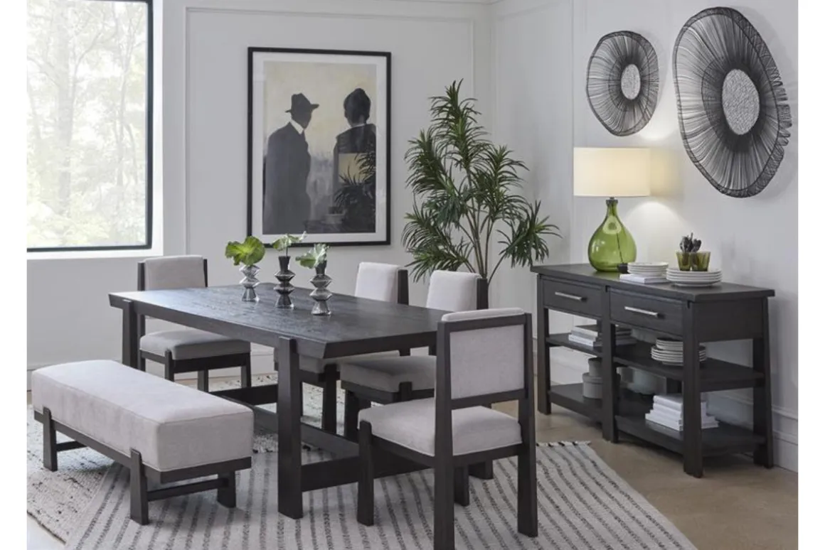 Shelby Trestle Dining Table, 4 Wood Back Chairs & Bench In Coffee Bean