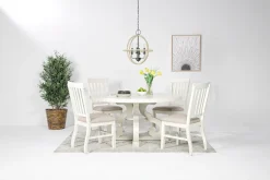 Stone Round Dining Table & 4 Chairs In White, Upholstered Slat