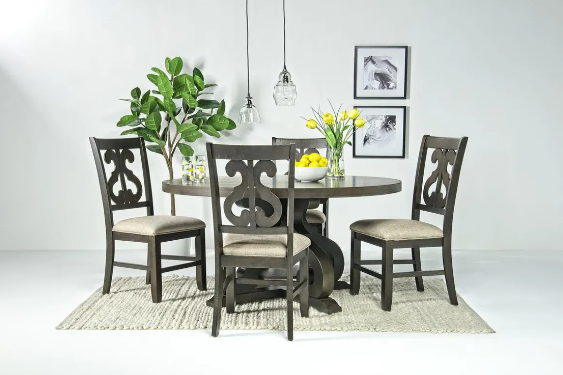 Stone Round Dining Table & 4 Chairs In White, Upholstered Slat