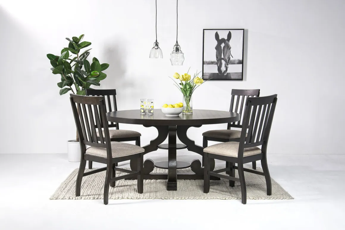 Stone Round Dining Table & 4 Chairs In White, Upholstered Slat