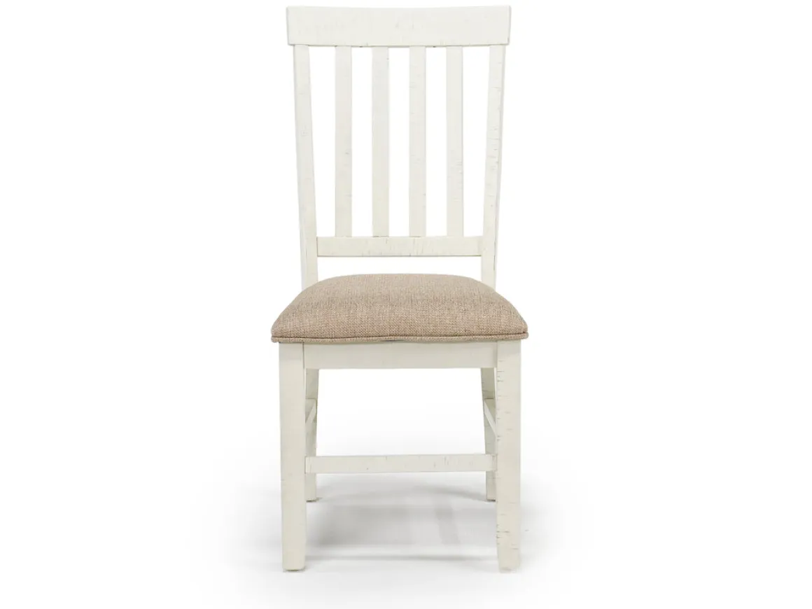 Stone Round Dining Table & 4 Chairs In White, Upholstered Slat