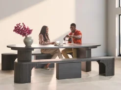 Transformer Round Extendable Dining Bench In Smoked Hickory Dark Gray