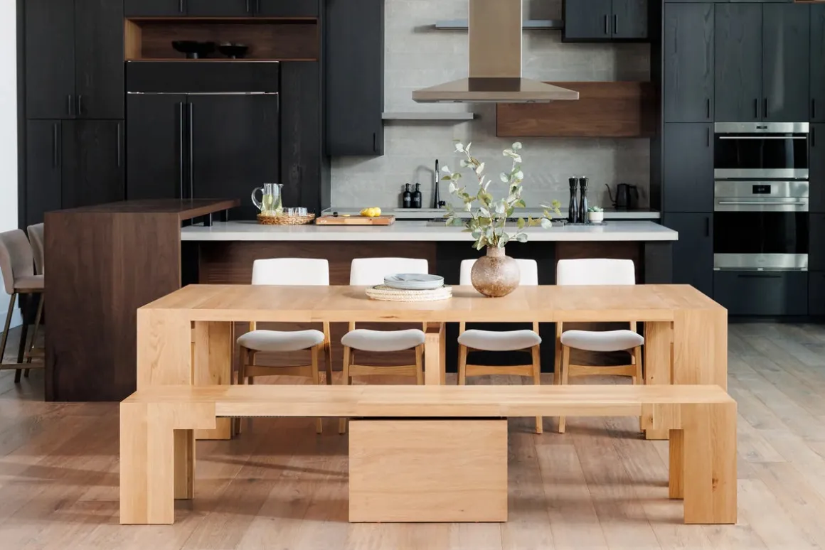 Transformer Round Extendable Dining Bench In Smoked Hickory Dark Gray