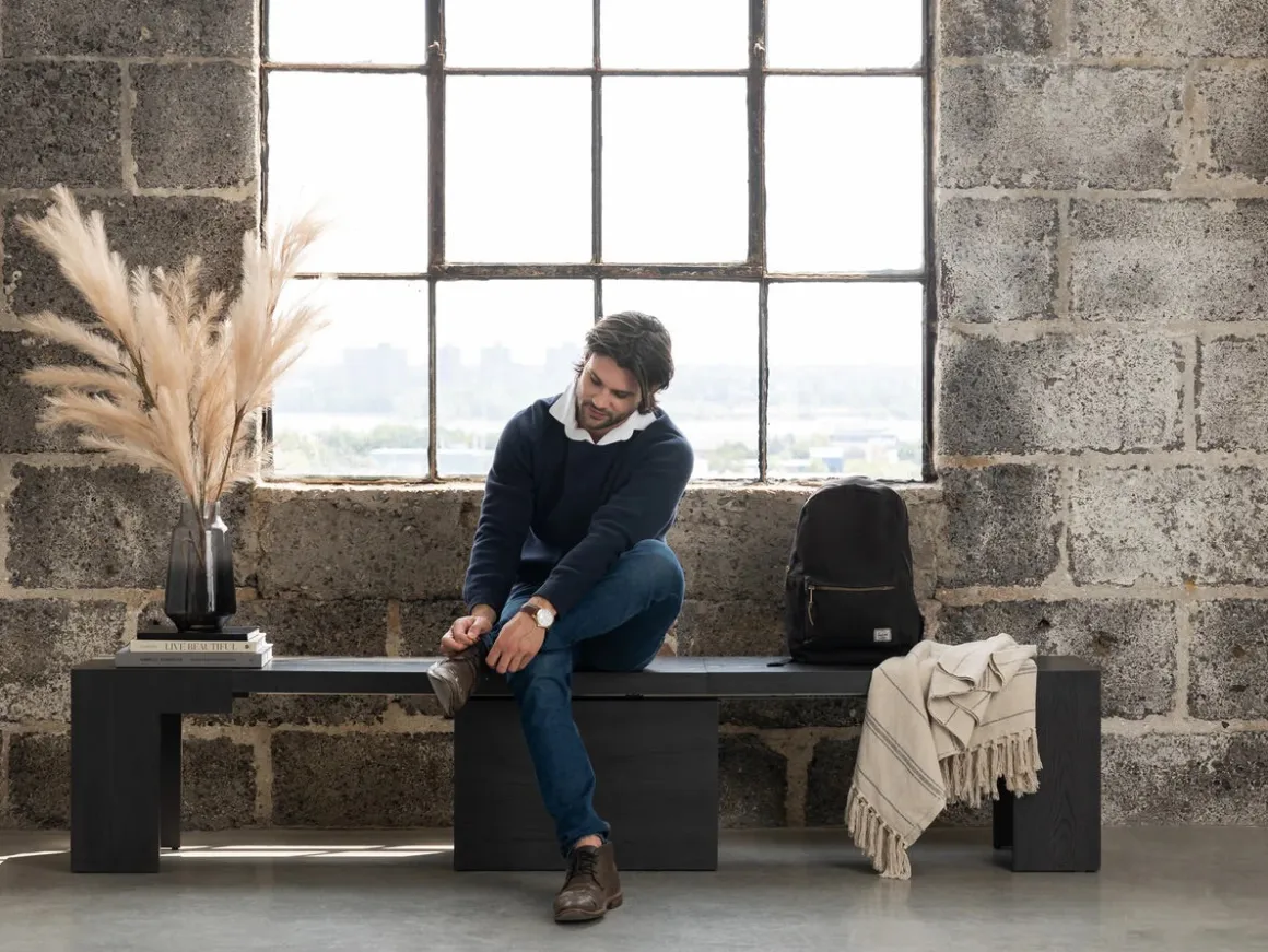 Transformer Round Extendable Dining Bench In Smoked Hickory Dark Gray