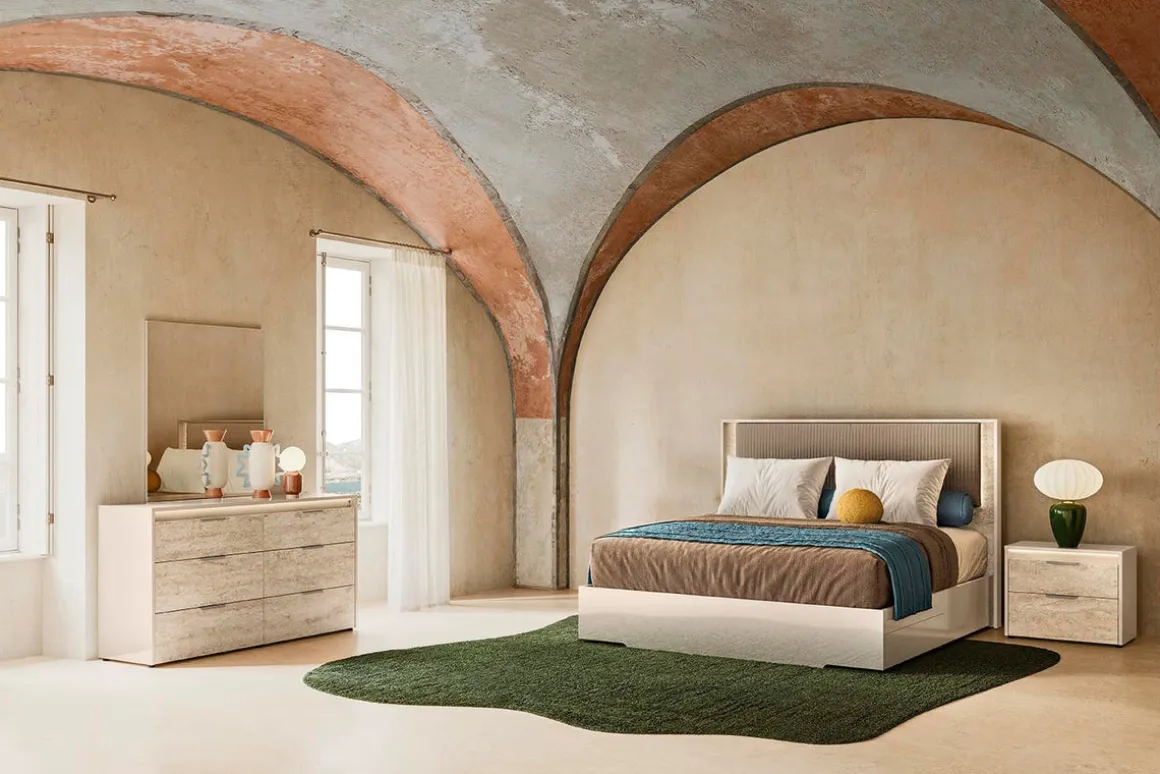 Tullia Upholstered Bed W/ Storage, Dresser, Mirror & Nightstand In Pearl Line/Eco Stone, Queen