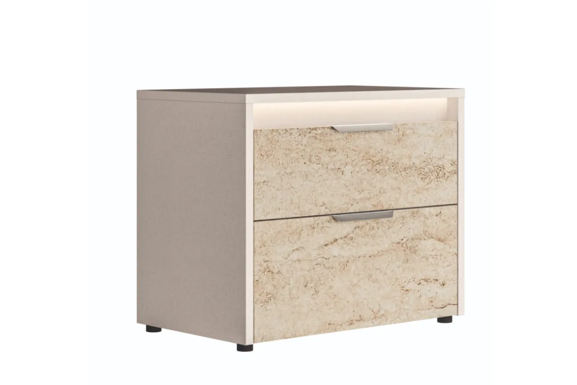 Tullia Upholstered Bed W/ Storage, Dresser, Mirror & Nightstand In Pearl Line/Eco Stone, Queen