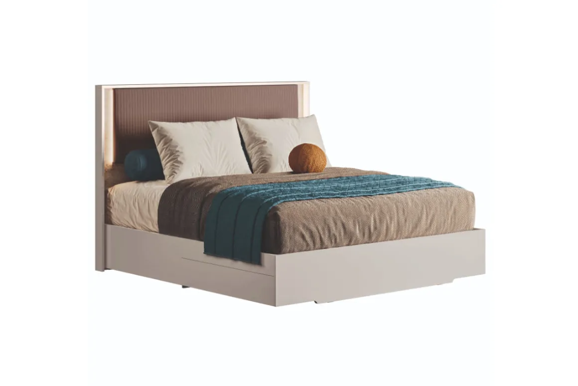 Tullia Upholstered Bed W/ Storage, Dresser, Mirror & Nightstand In Pearl Line/Eco Stone, Queen