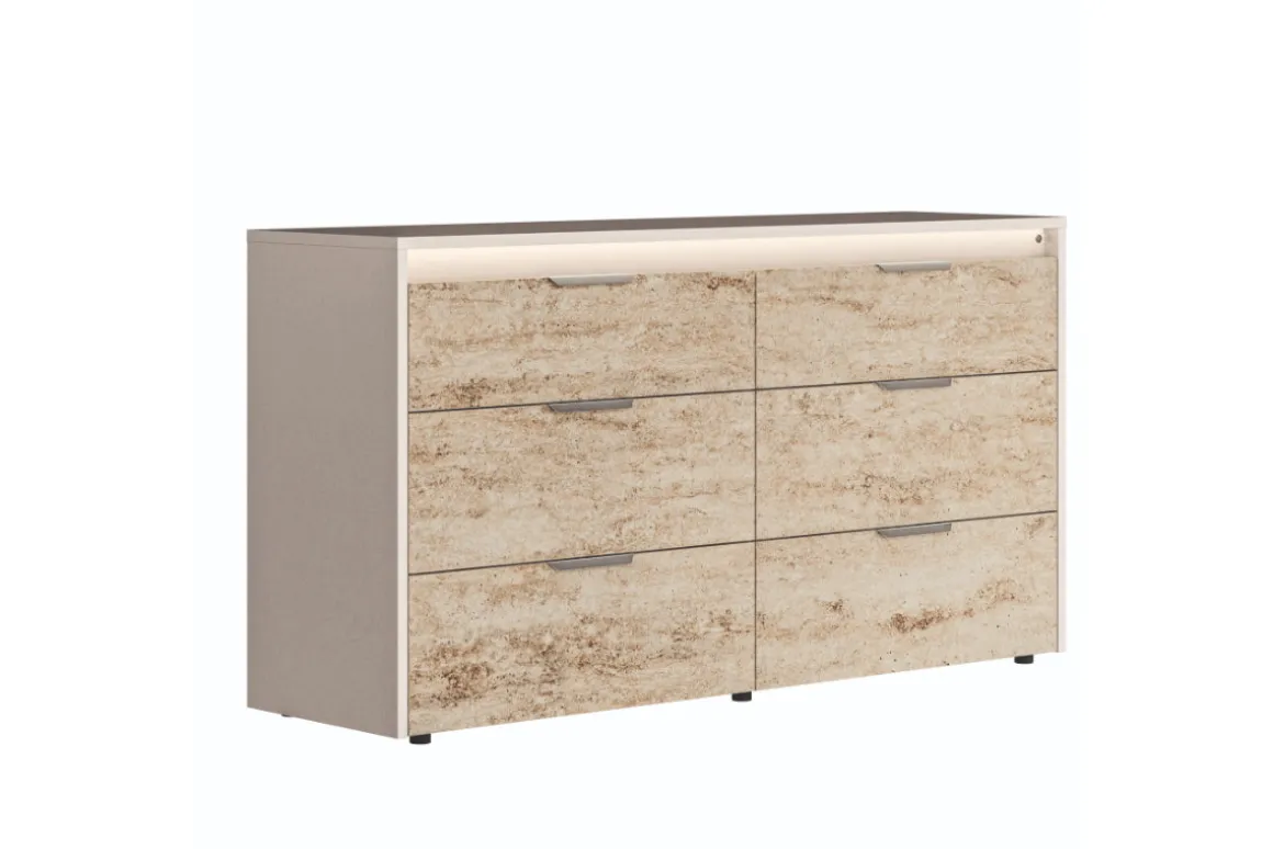 Tullia Upholstered Bed W/ Storage, Dresser, Mirror & Nightstand In Pearl Line/Eco Stone, Queen