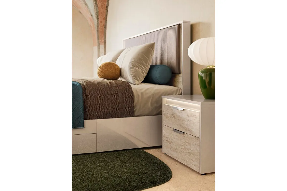 Tullia Upholstered Panel Bed W/ Storage In Pearl Line/Eco Stone, Queen