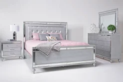 Valentino Panel Bed, Dresser, Mirror & Nightstand In Silver, Twin