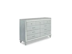 Valentino Panel Bed, Dresser, Mirror & Nightstand In Silver, Twin