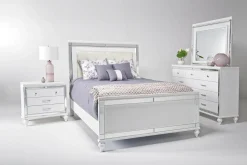 Valentino Panel Bed, Dresser, Mirror & Nightstand In Silver, Twin