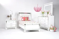 Valentino Panel Bed, Dresser, Mirror & Nightstand In Silver, Twin