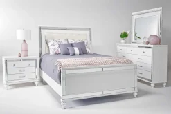 Valentino Panel Bed, Dresser, Mirror & Nightstand In Silver, Twin