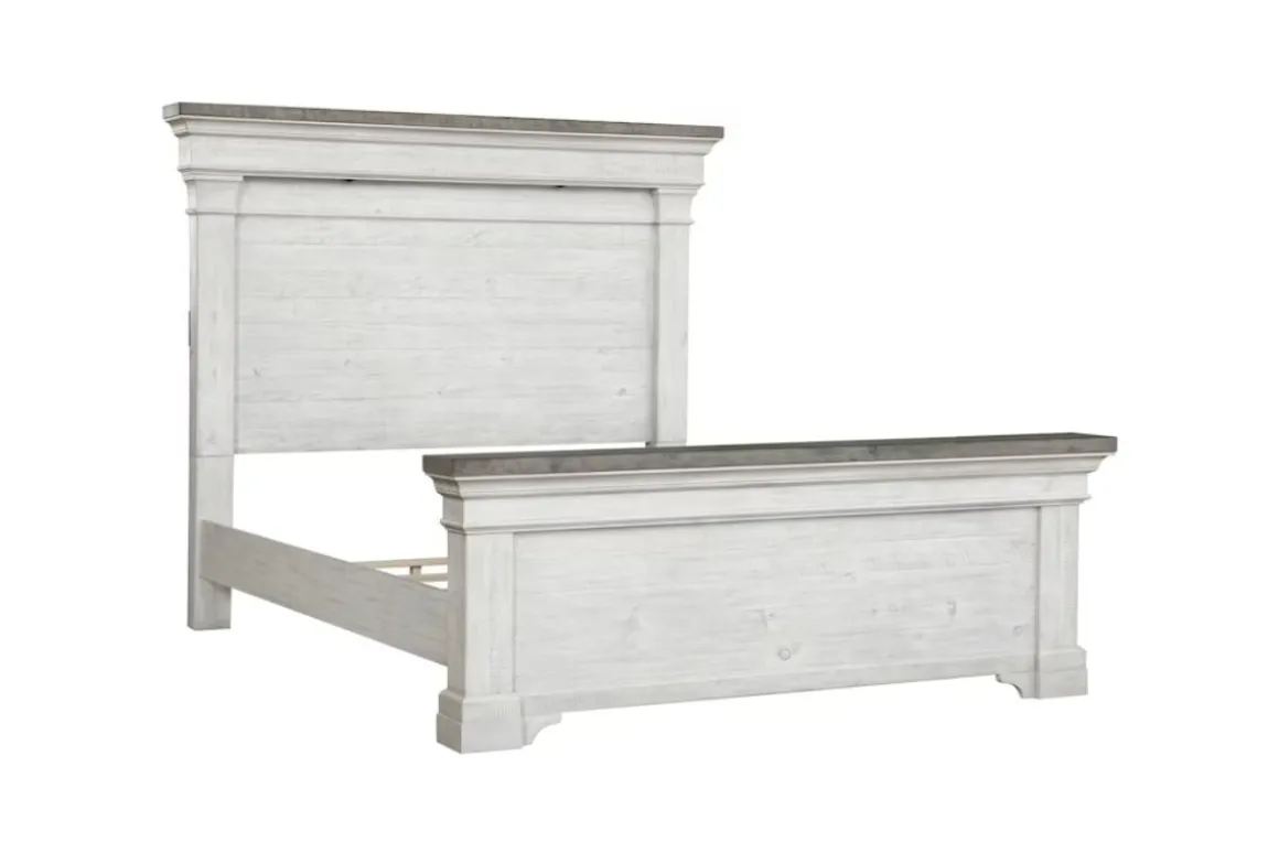 Valley Ridge Panel Bed, Dresser, Mirror & Nightstand In White Gray Finish, Queen