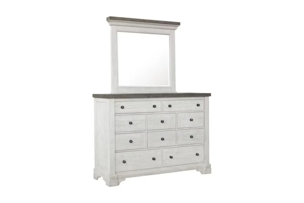 Valley Ridge Panel Bed, Dresser, Mirror & Nightstand In White Gray Finish, Queen