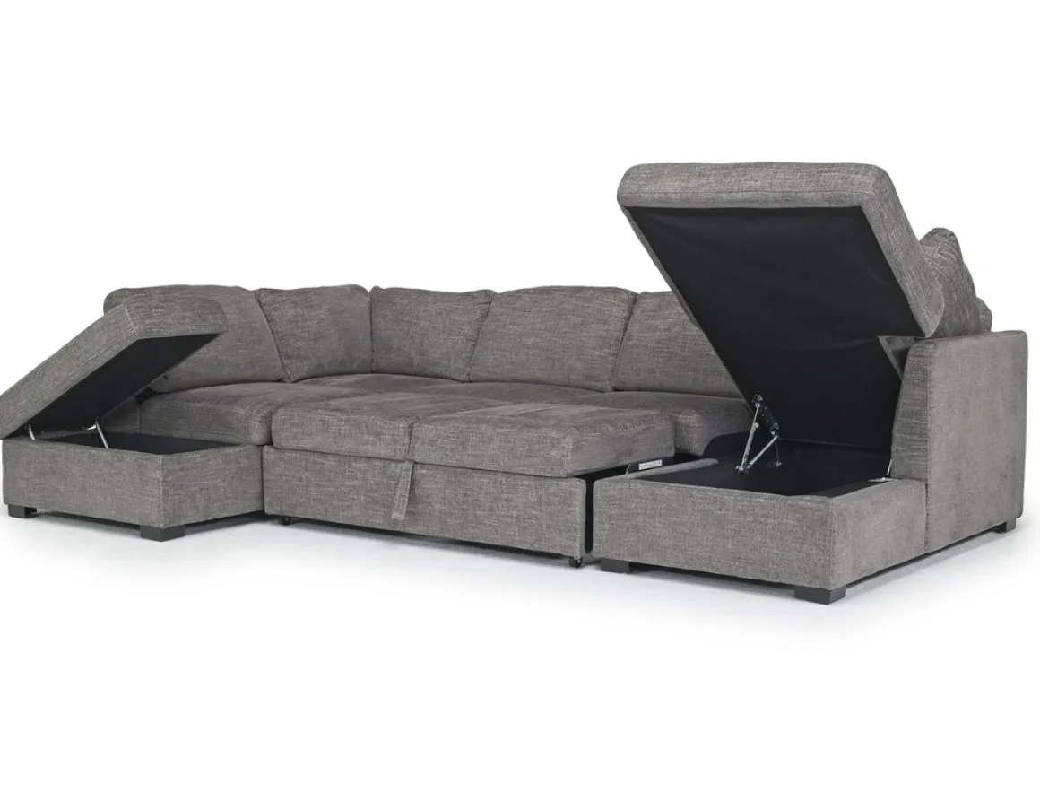 Vivian Full Pullout Dual Chaise Sectional In Gray Fabric, Right Facing