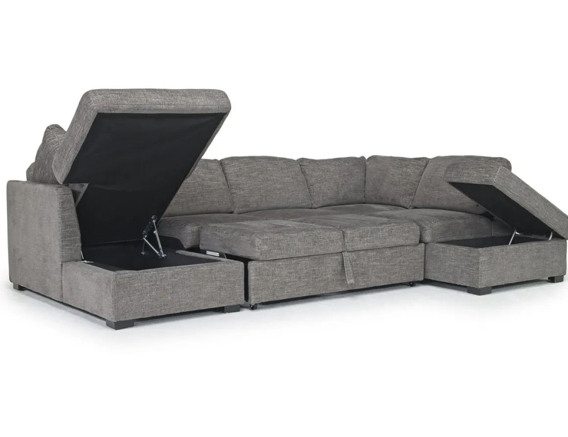 Vivian Full Pullout Dual Chaise Sectional In Gray Fabric, Right Facing