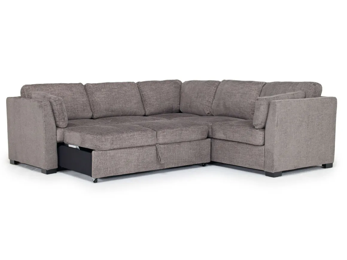 Vivian Queen Tux Sleeper Sectional W/ Drop Down Table In Handwoven Pewter, Right Facing