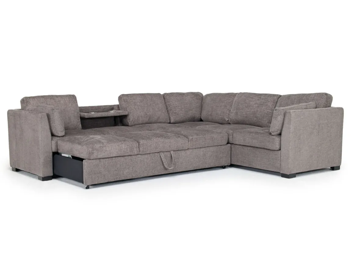 Vivian Queen Tux Sleeper Sectional W/ Drop Down Table In Handwoven Pewter, Right Facing