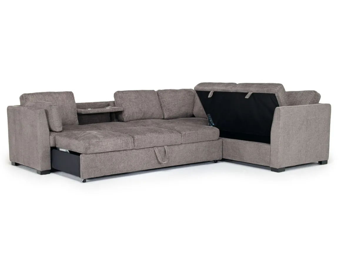 Vivian Queen Tux Sleeper Sectional W/ Drop Down Table In Handwoven Pewter, Right Facing