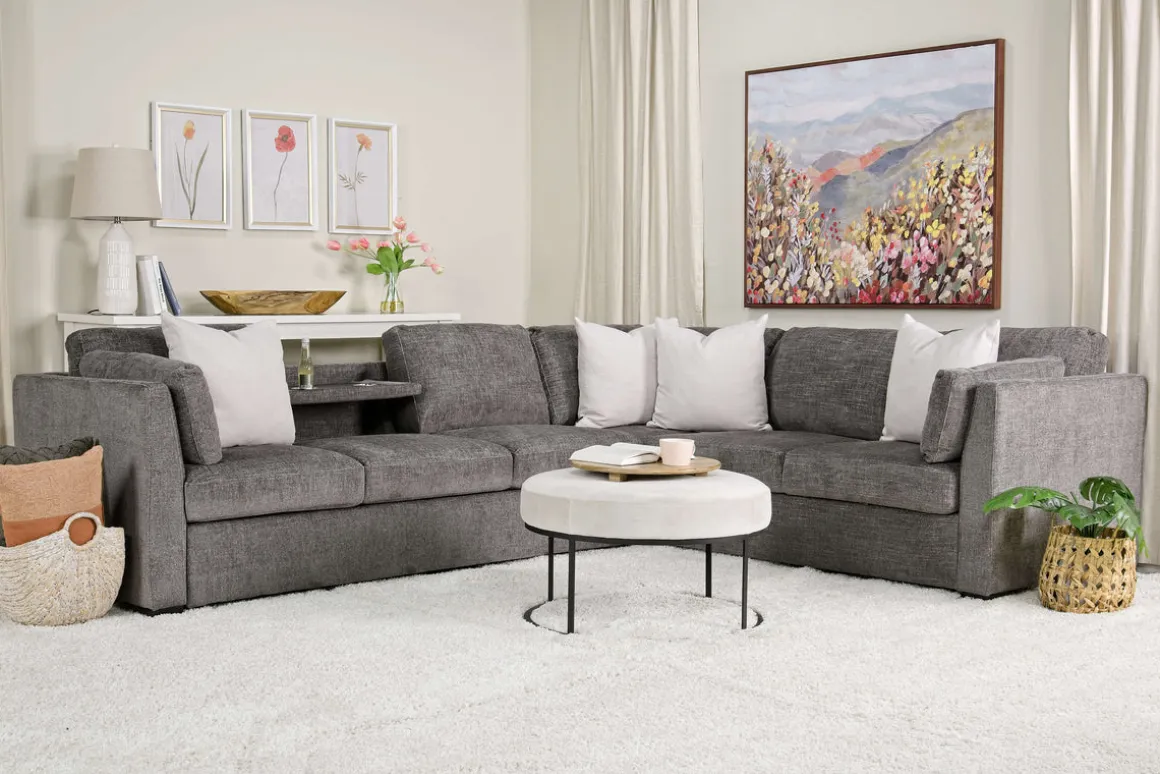 Vivian Queen Tux Sleeper Sectional W/ Drop Down Table In Handwoven Pewter, Right Facing