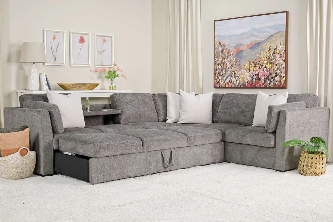 Vivian Queen Tux Sleeper Sectional W/ Drop Down Table In Handwoven Pewter, Right Facing