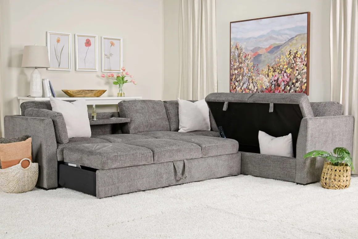 Vivian Queen Tux Sleeper Sectional W/ Drop Down Table In Handwoven Pewter, Right Facing