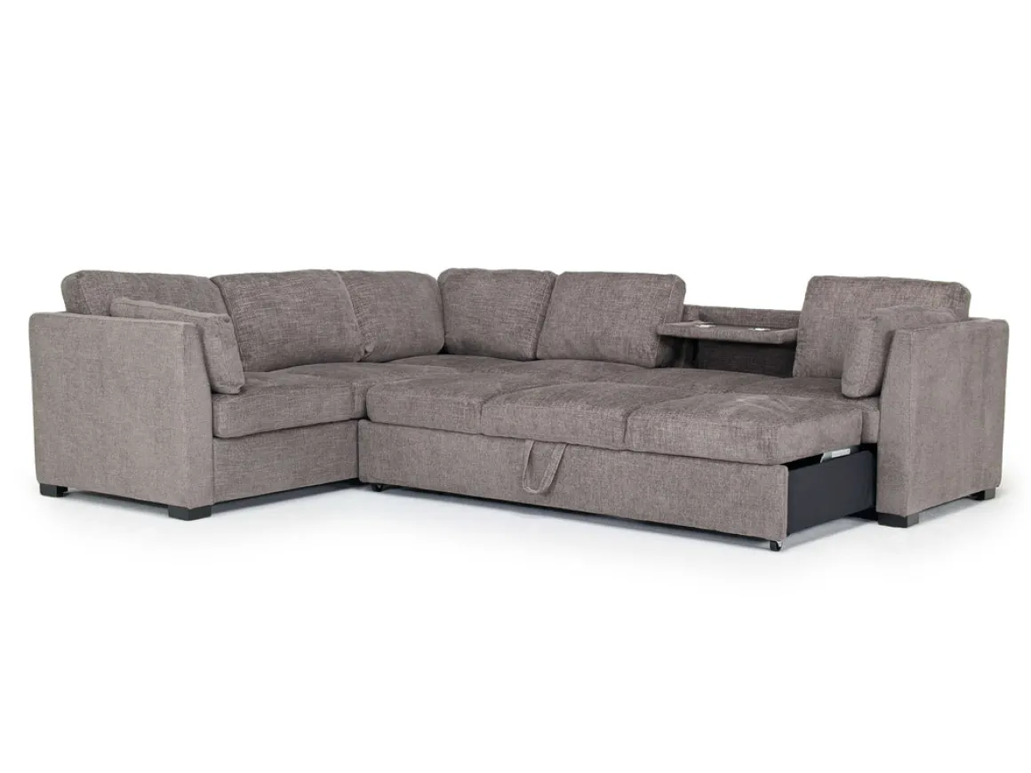 Vivian Queen Tux Sleeper Sectional W/ Drop Down Table In Handwoven Pewter, Right Facing